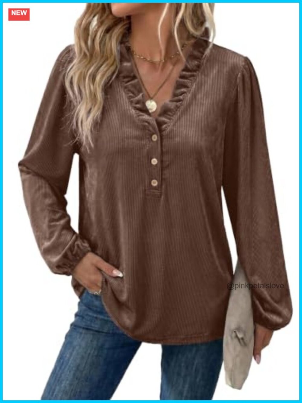 Womens Ruffle V Neck Long Sleeve Velvet Ribbed Knit Button Front Blouse